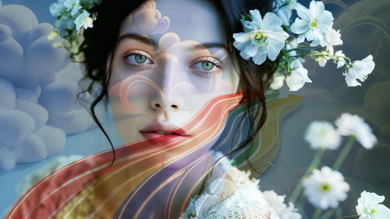 Ethereal Dreamscape: Portrait of a Woman with Flowers and Abstract Elements