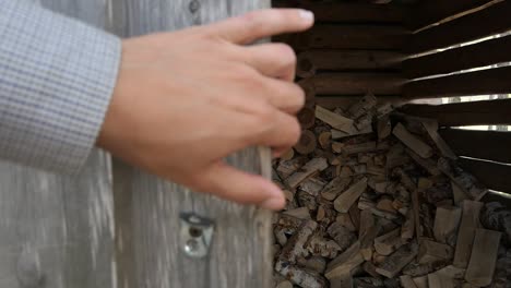 man opening door to firewood shed, pile of wood in wooden shed, woodpile