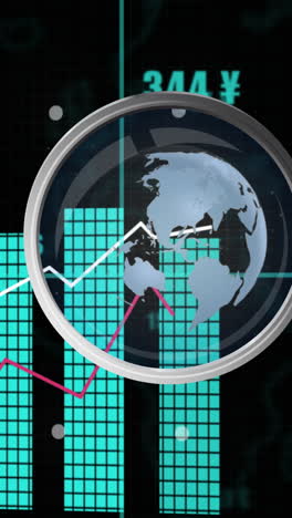animación del mapa del mundo y lupa sobre el procesamiento de datos financieros
