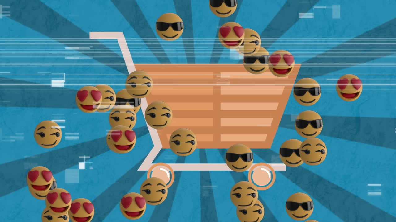 animación digital de tv efecto estático sobre varios emojis de cara flotando contra el fondo radial