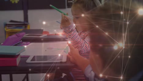 Animation-Des-Netzwerks-Von-Verbindungen-über-Glückliche,-Vielfältige-Schulkinder