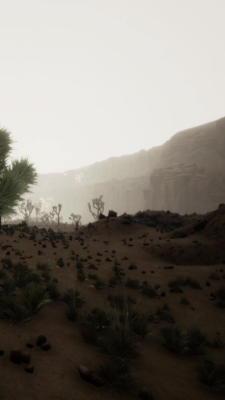 Cacti and rocky landscape under a cloudy sky at an unclear time of day