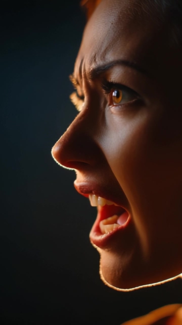 Emozione Intensa Espressa in Primo Piano: Un Ritratto di Rabbia e Determinazione Catturato con Illuminazione Drammatica e Dettagli Vividi