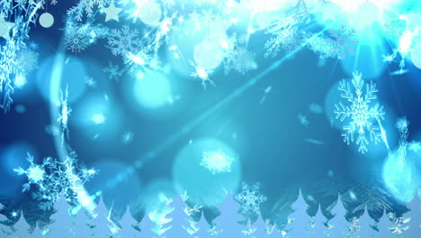 animation of snow falling over blue background with bokeh