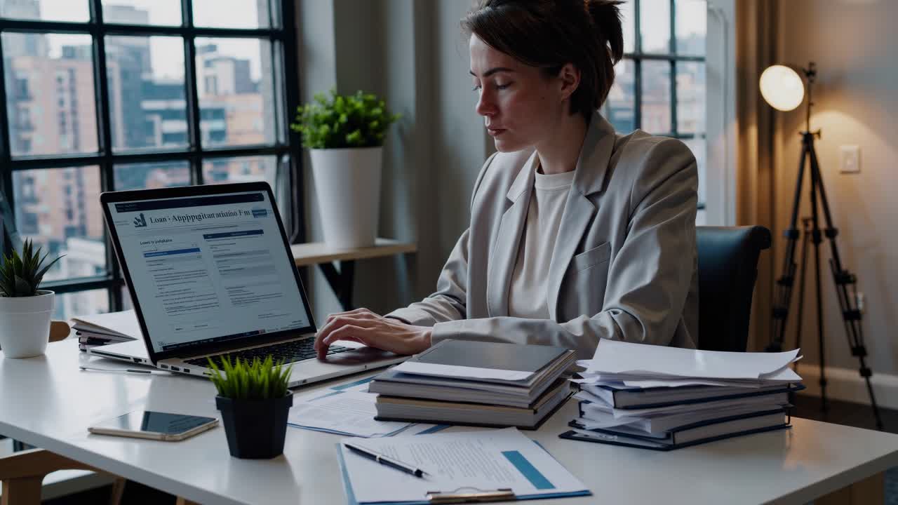 Eine professionelle Frau arbeitet an einem Laptop in einem modernen Büro. Seitenansicht fängt ihre Konzentration ein. Ideal.
