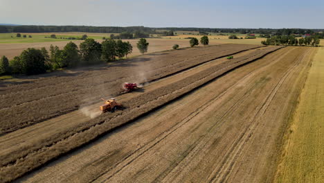 aerial view of two combine harvester working on wheat field in poland during sunny day