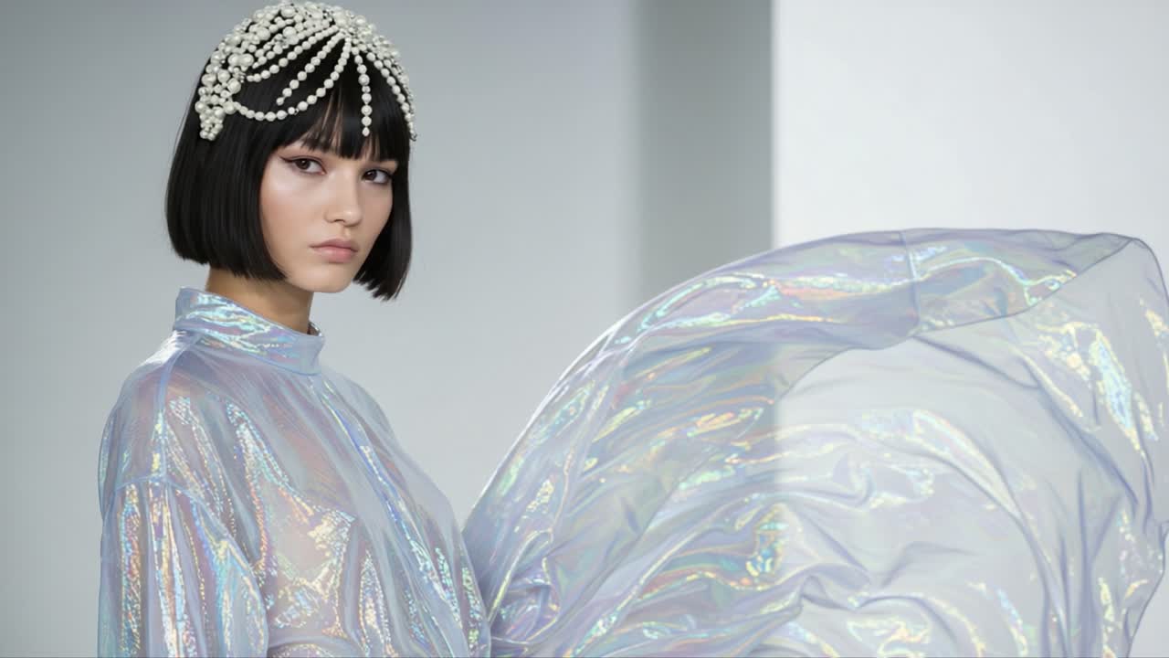 A Captivating Fashion Showcase Featuring a Model with a Shimmering Iridescent Garment Flowing Elegantly in Motion and a Stunning Pearl Adorned Headpiece