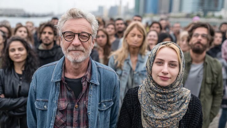 Eine vielfältige Menschenmenge versammelt sich mit unterschiedlichen Gesichtsausdrücken und demonstriert Solidarität und Community in einem pulsierenden urbanen Umfeld. Zwei zentrale Figuren teilen einen Moment inmitten der Menge