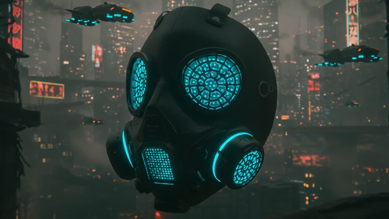 Un paesaggio urbano futuristico con un'intricata maschera antigas fluttuante con luci blu neon, circondata da veicoli sospesi su uno sfondo urbano cupo