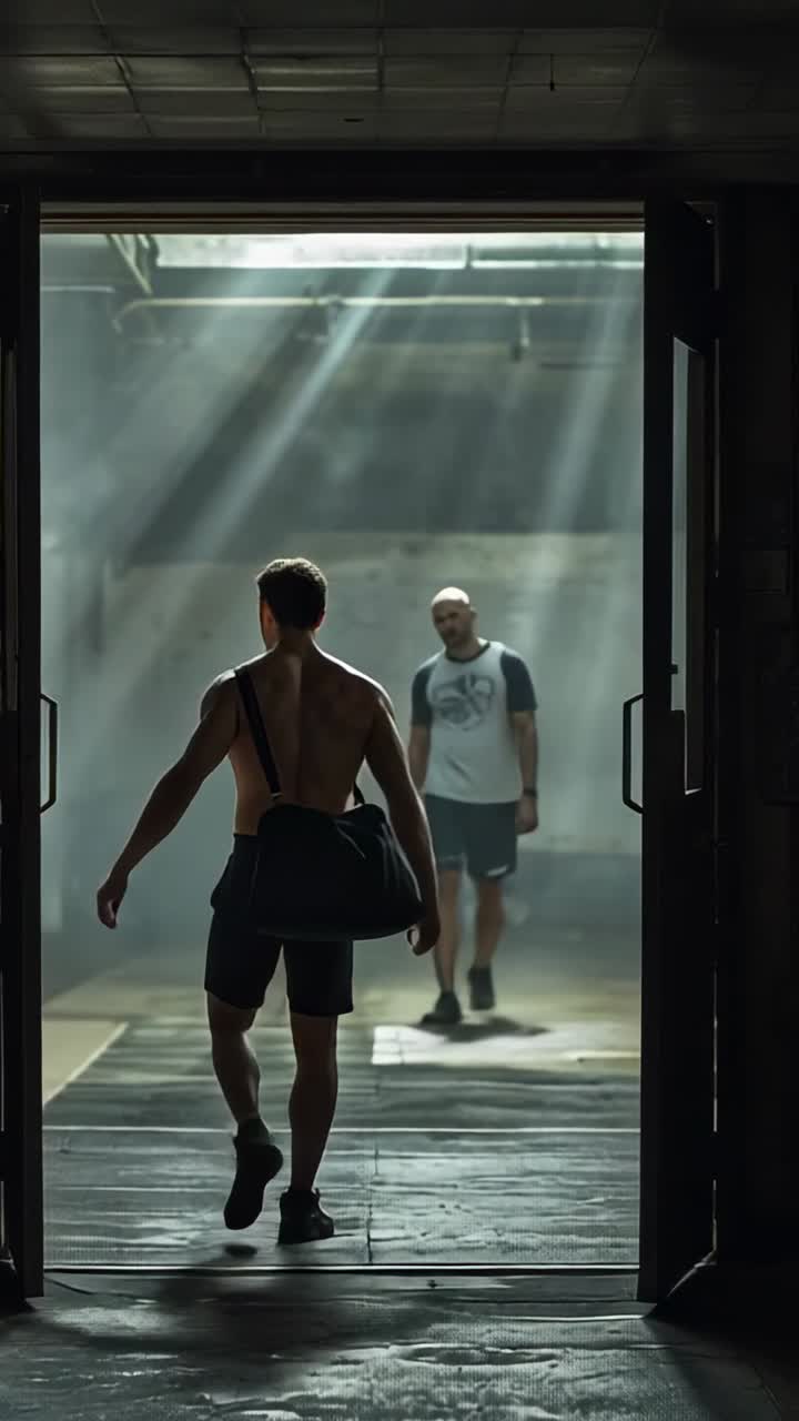 Vertical video: Stepping through door shirtless man entering gym with duffel bag, meeting teammate