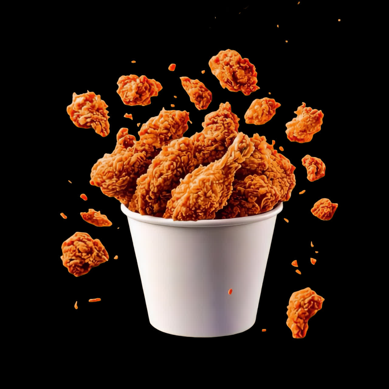 Crispy fried chicken bucket animation isolated asset, transparent 4K video, alpha channel, ProRes