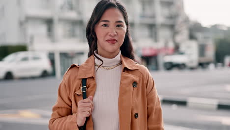 face, smile and business woman in city