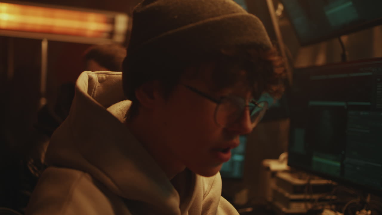 Teenager Hacker in Dark Room