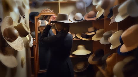 a woman trying on a hat in a hat shop