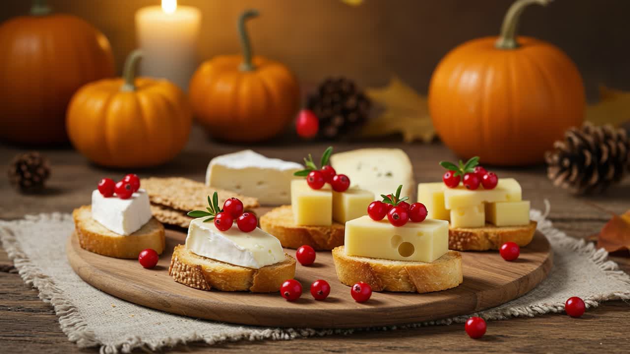 Autumn Cheese and Red Currant Appetizers with Pumpkins and Candles
