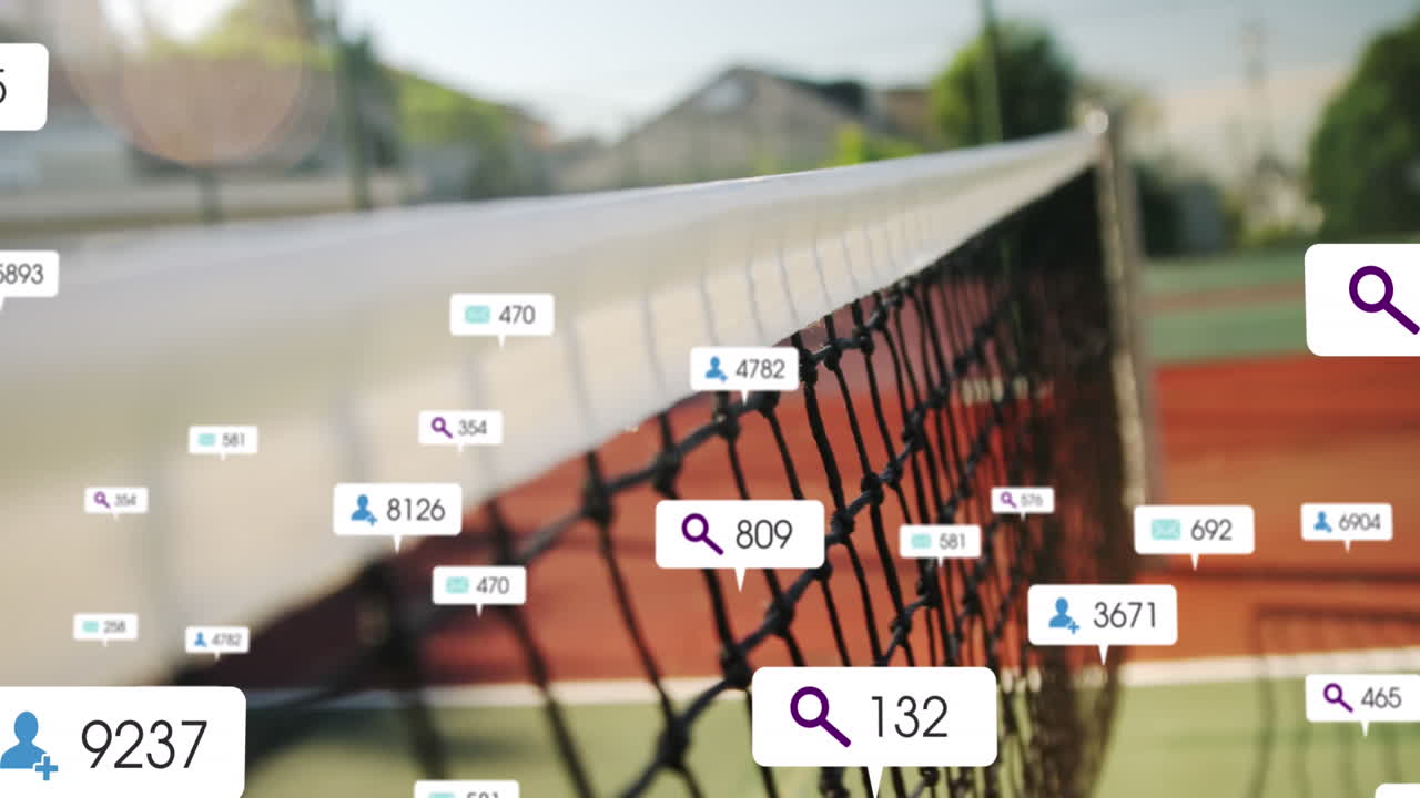 Animation of changing numbers, icons in notification bars over tennis ball colliding with net