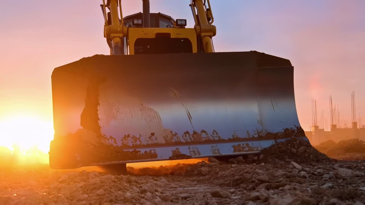 Inquadratura dal basso di un bulldozer all'alba, che evidenzia la potenza delle costruzioni.