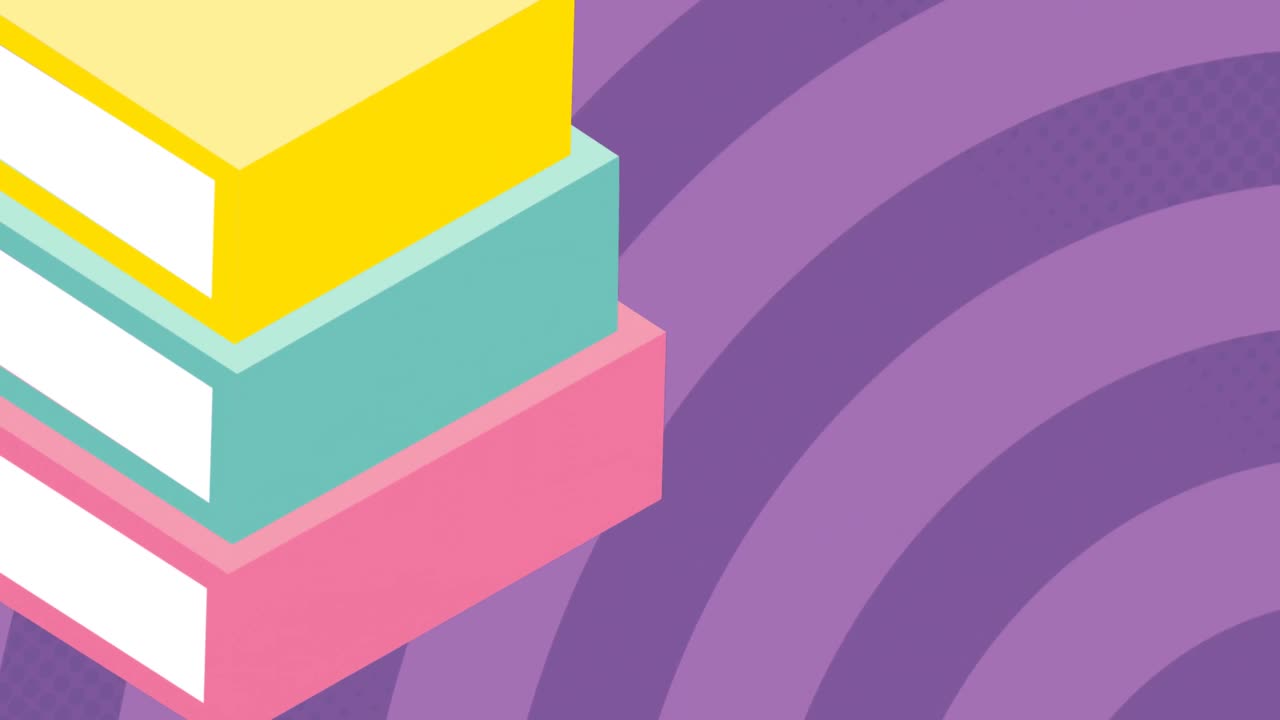 animación de iconos de libros sobre rayas en fondo púrpura