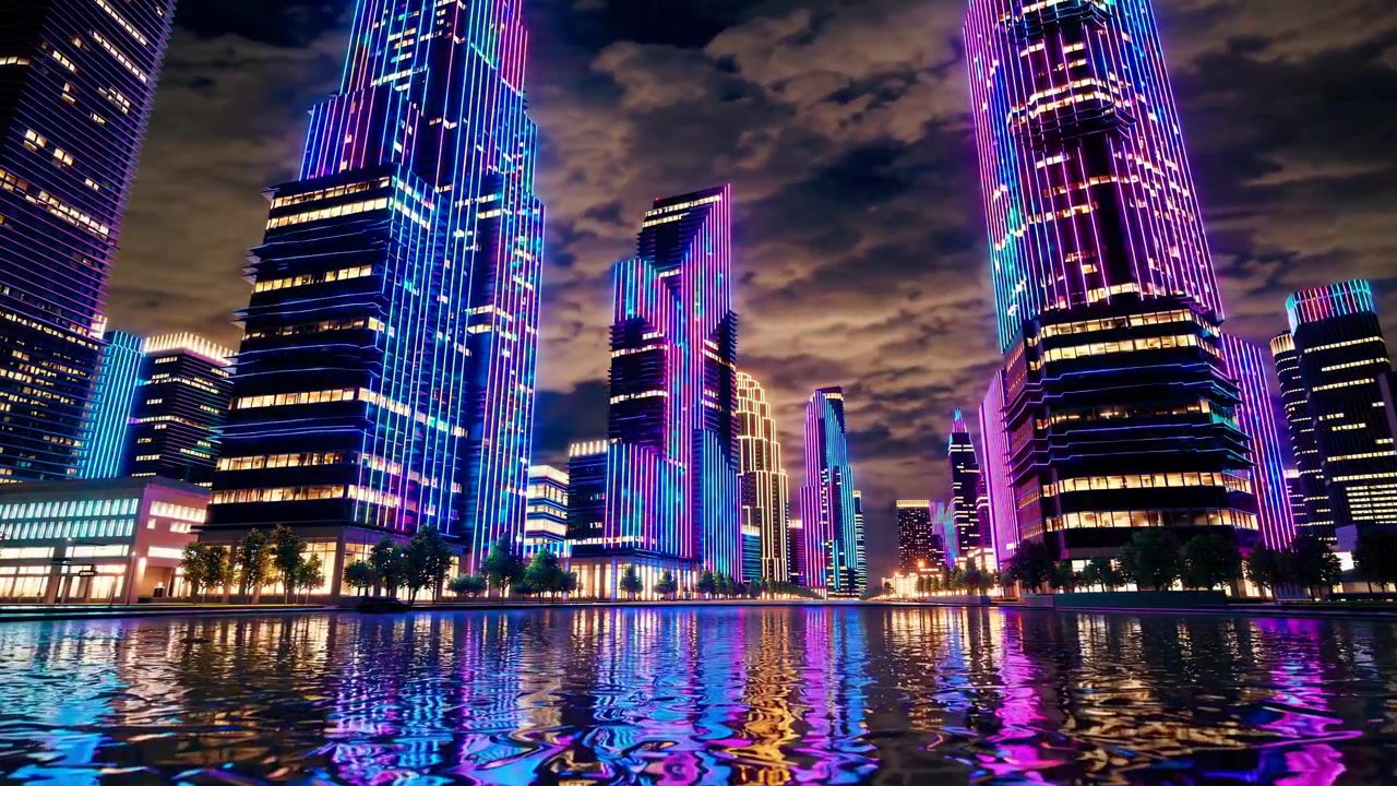 Horizonte de cidade futurista com arranha-céus de neon refletidos na água à noite
