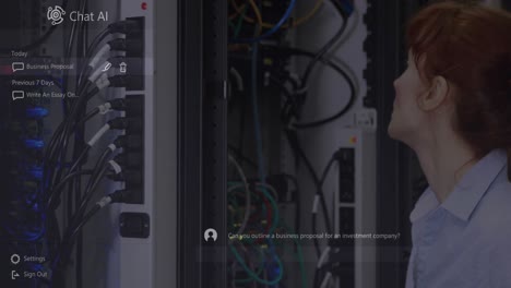 chat ai logo and conversation text over caucasian female technician smiling in server room