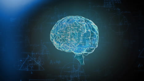animación de puntos de luz sobre el cerebro digital y ecuaciones matemáticas en fondo negro