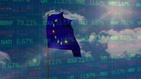 Animación-Del-Procesamiento-De-Datos-Del-Mercado-De-Valores-Sobre-La-Bandera-De-La-Ue-Ondeando-Contra-Cuadrados-De-Mosaico-Y-Cielo-Azul