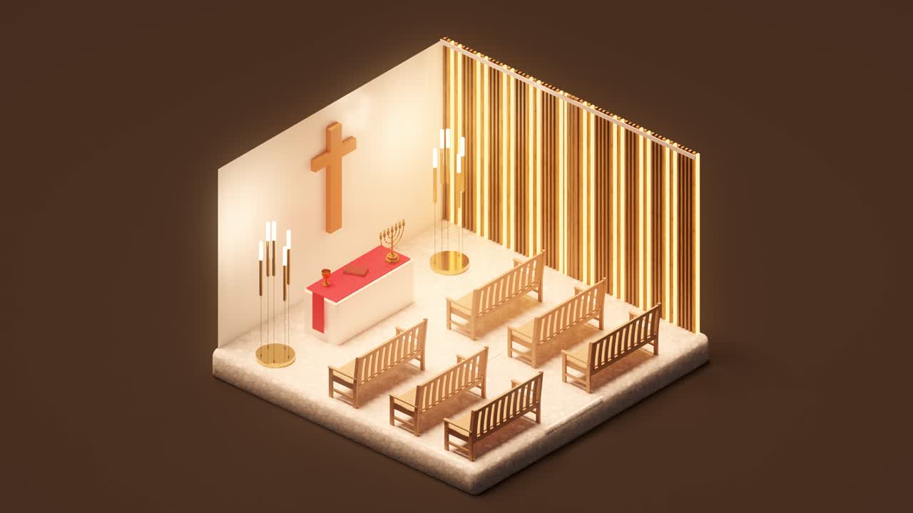 Isometric view of interior of church with cross and benches. 3d isometric loop