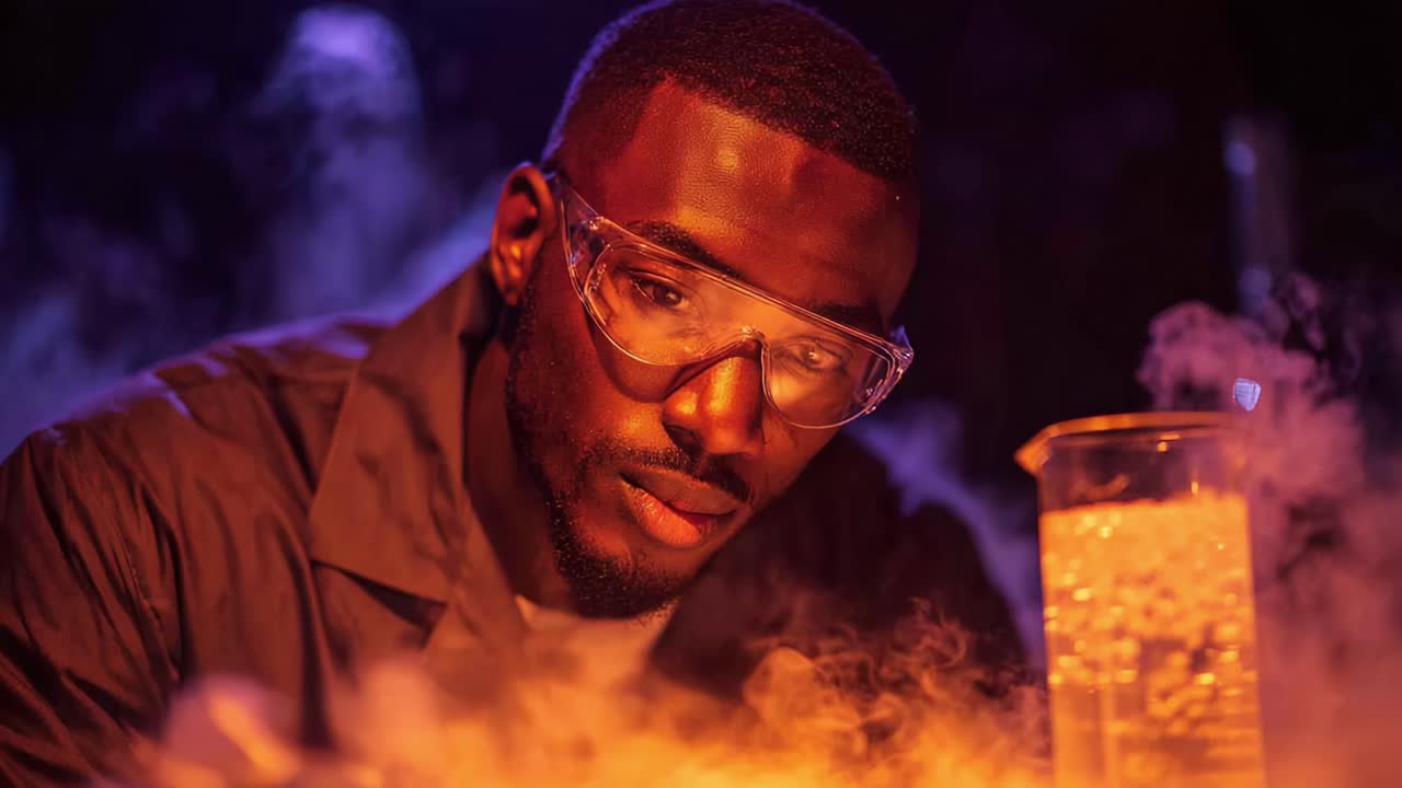 A focused scientist engaged in a vibrant chemical experiment surrounded by atmospheric smoke and colorful lighting, illustrating the excitement of scientific discovery