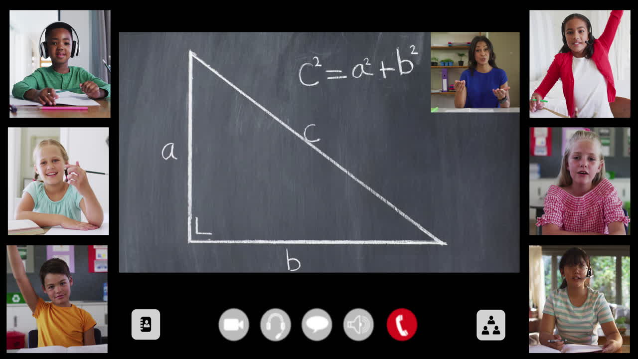 Animation of interface screen with chalkboard, teacher and six diverse children in online lesson