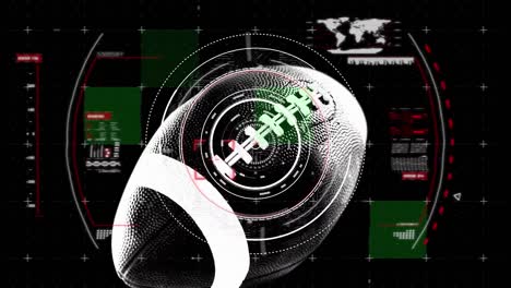 Animation-of-diverse-data-over-american-football-ball-on-black-background