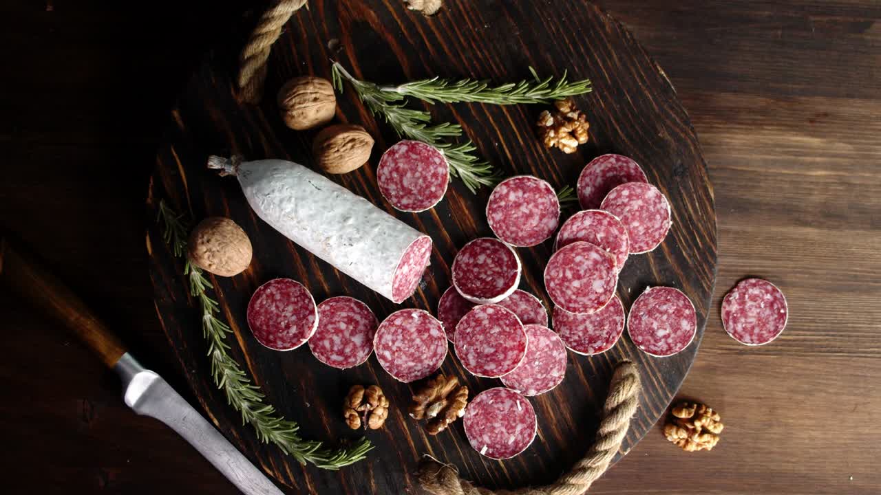 las rebanadas de salame con romero y nueces giran lentamente.