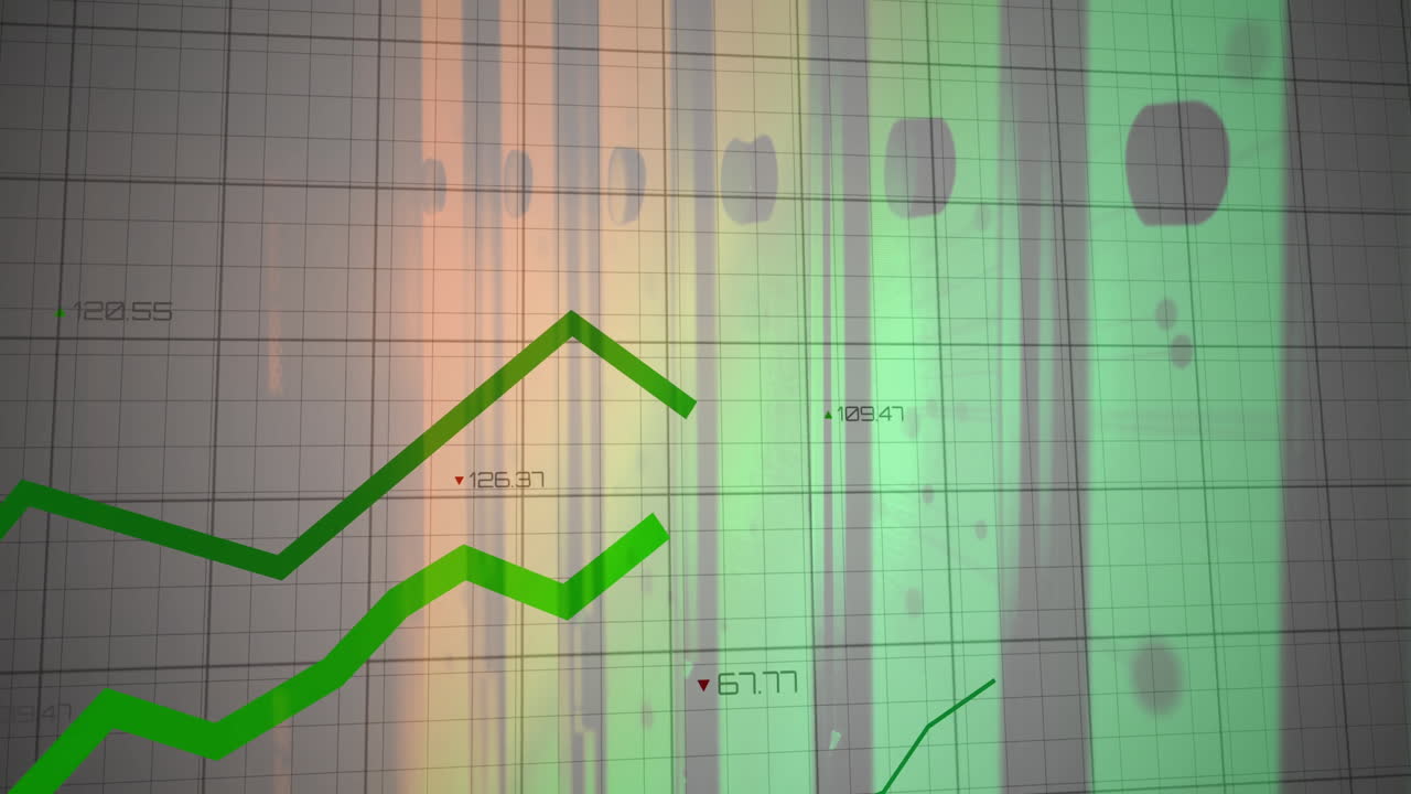 Visualizzazione di un grafico finanziario tenue su schermo con griglia, che mostra grafici a zigzag verdi e barre colorate.