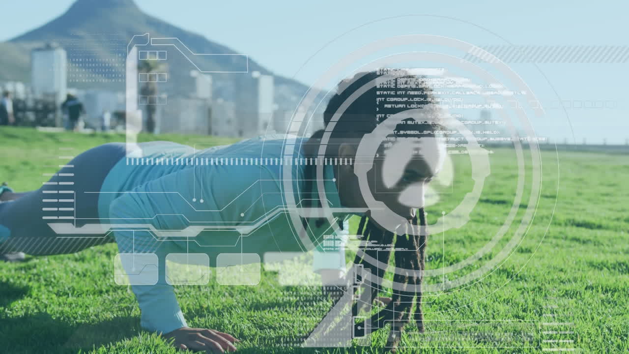 야외에서 프레스 업을 하는 여성에 대한 데이터 처리 애니메이션