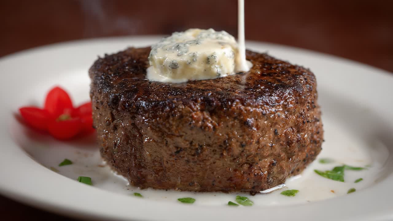 Sizzling Gourmet Steak with Herb Butter: A Perfectly Grilled Cut Showcasing Juicy Flavor and Aroma, Garnished with Fresh Herbs and Vibrant Red Peppers