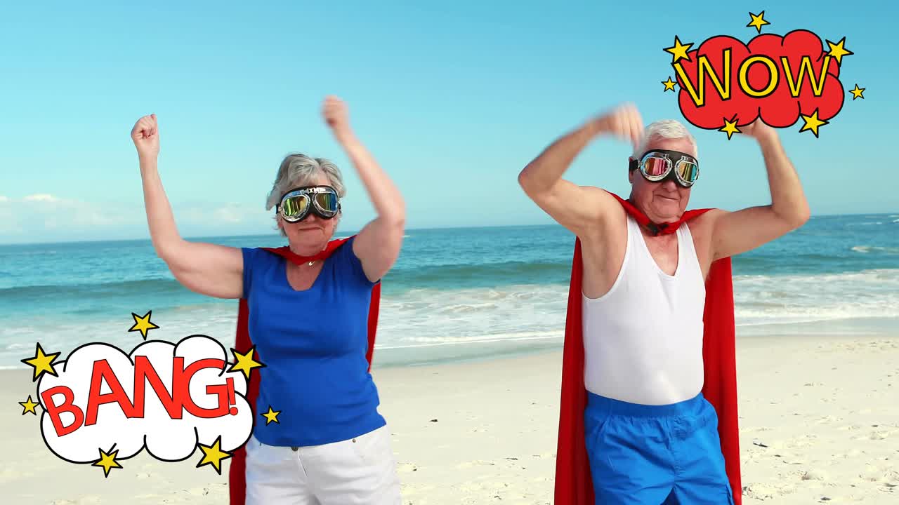 해변 4k에서 만화 스크립트의 애니메이션을 가진  ⁇ 은 부부