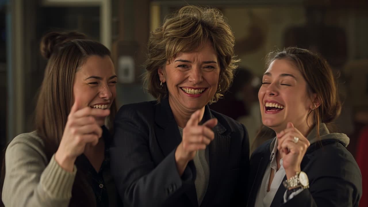 Vertical video: Pointing trio seeing guest offscreen, calling then hugging at home, dark blazer