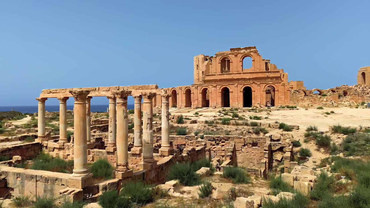 Aerial drone view of ancient Roman ruins along the Libyan coast
