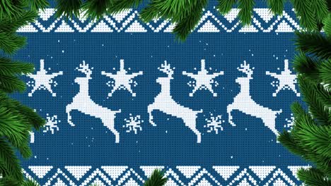 Animation-of-fir-tree-branches-frame-with-christmas-reindeer-pattern-on-blue-background