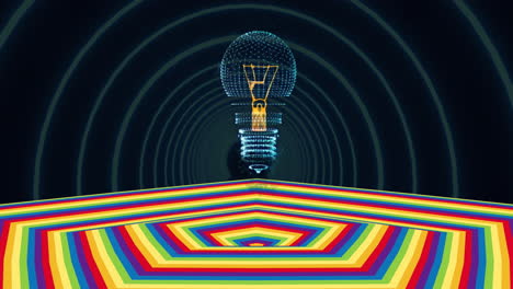 animación de la bombilla sobre una superficie hexagonal de color en movimiento con fondo oscuro