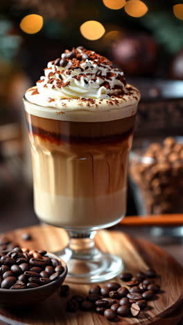 tasty coffee with whipped cream!. a stylish glass filled with layered coffee and whipped cream sits on a wooden surface surrounded by coffee beans.