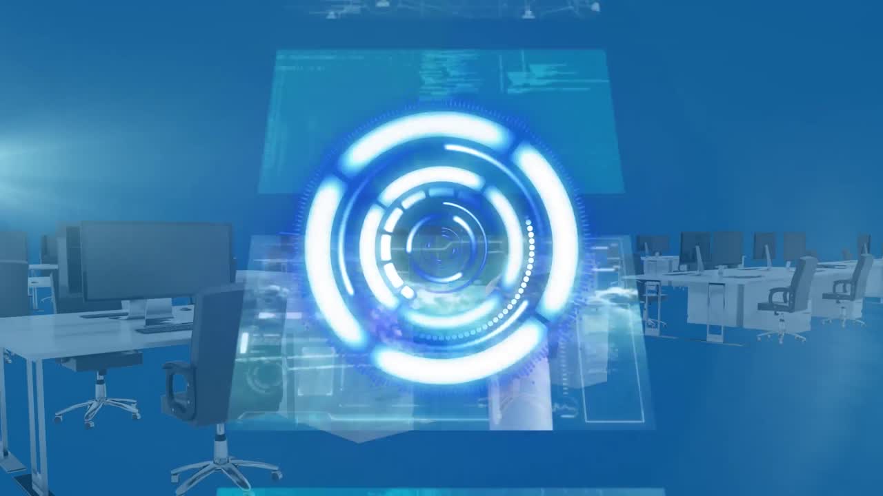 빈 사무실 위의 스크린에서 스 ⁇  스캐닝과 데이터 처리의 애니메이션