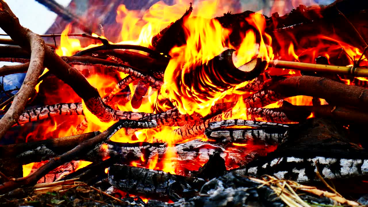 불타는 불꽃과 불타는 목재의 클로즈업.