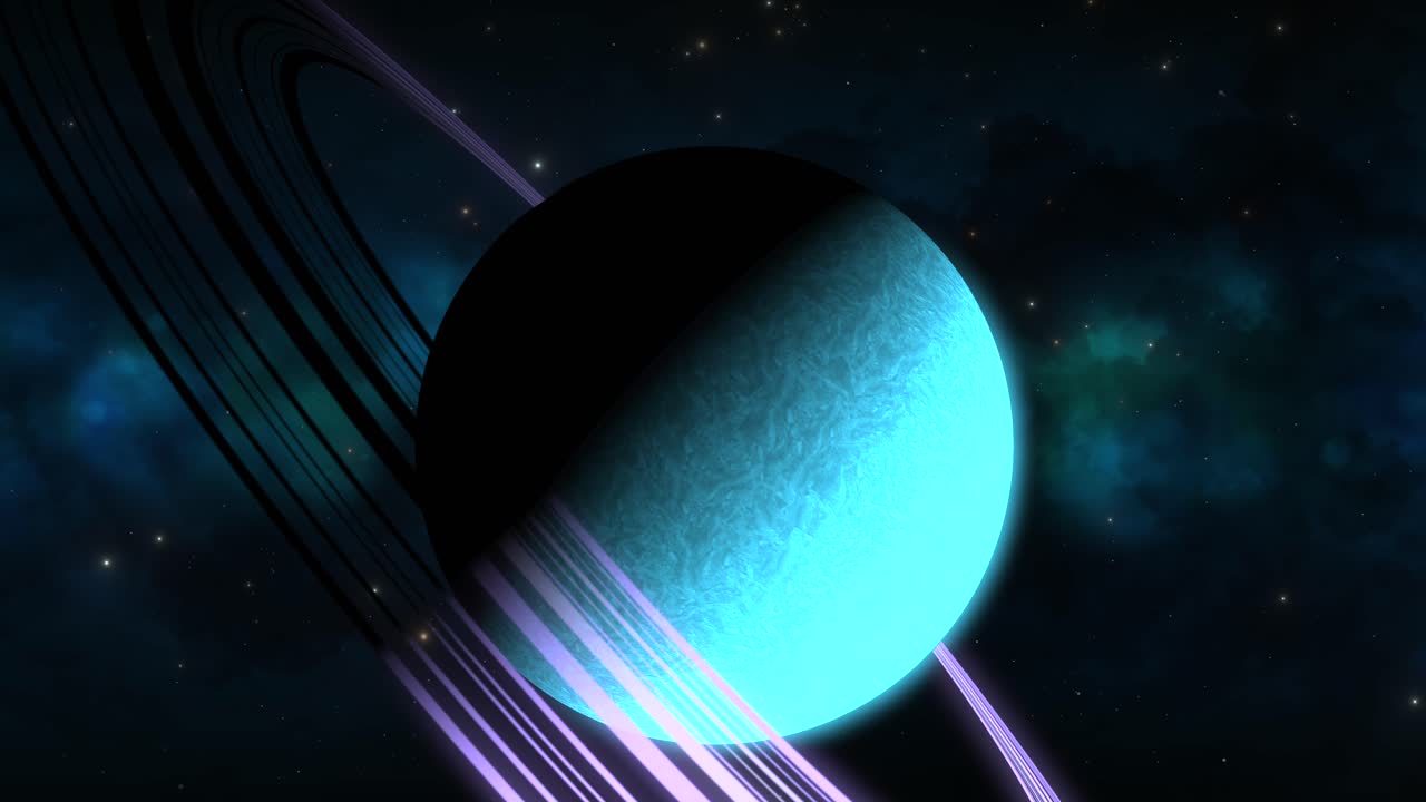 CGI zoom in towards aqua sideways saturn-like alien planet with purple rings in front of blue green nebula, space, wide view