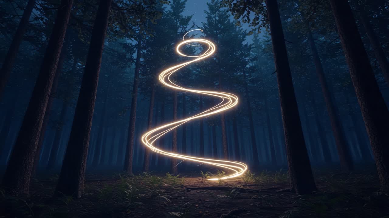 A Magical Glow in the Forest: Illuminated Twists and Spirals Create an Enchanting Atmosphere Surrounded by Tall Trees and Mystical Shadows
