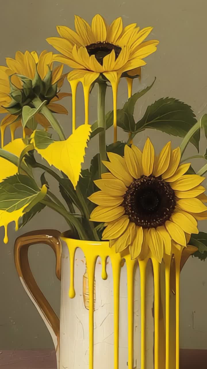Vertical video: Pouring paint drenching three sunflowers in pitcher in studio, creating art
