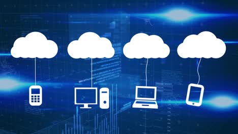 Animation-Von-Wolkensymbolen-Und-Datenverarbeitung-Auf-Dunklem-Hintergrund