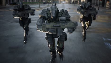 robotic guards run fast on a mission in a futuristic city. military robots on the streets. concept of the city of the future. animation ideal for futuristic, cyber, fiction and sci-fi backgrounds