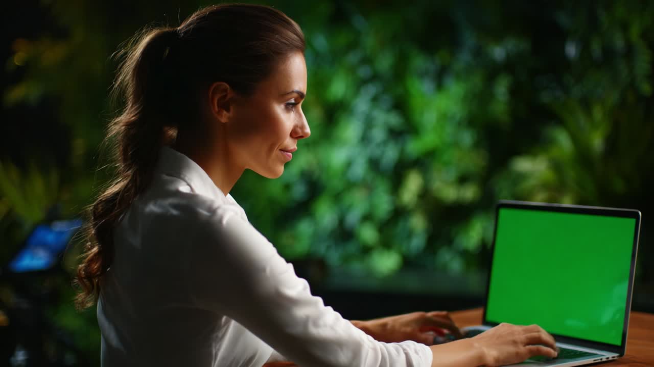 A focused woman working on her laptop against a vibrant green backdrop, highlighting concentration and a modern workspace, showcasing the essence of digital productivity and creativity