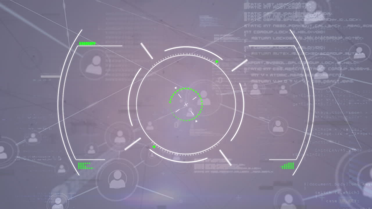 Animação de rede de conexões com ícones de pessoas sobre varredura de dados