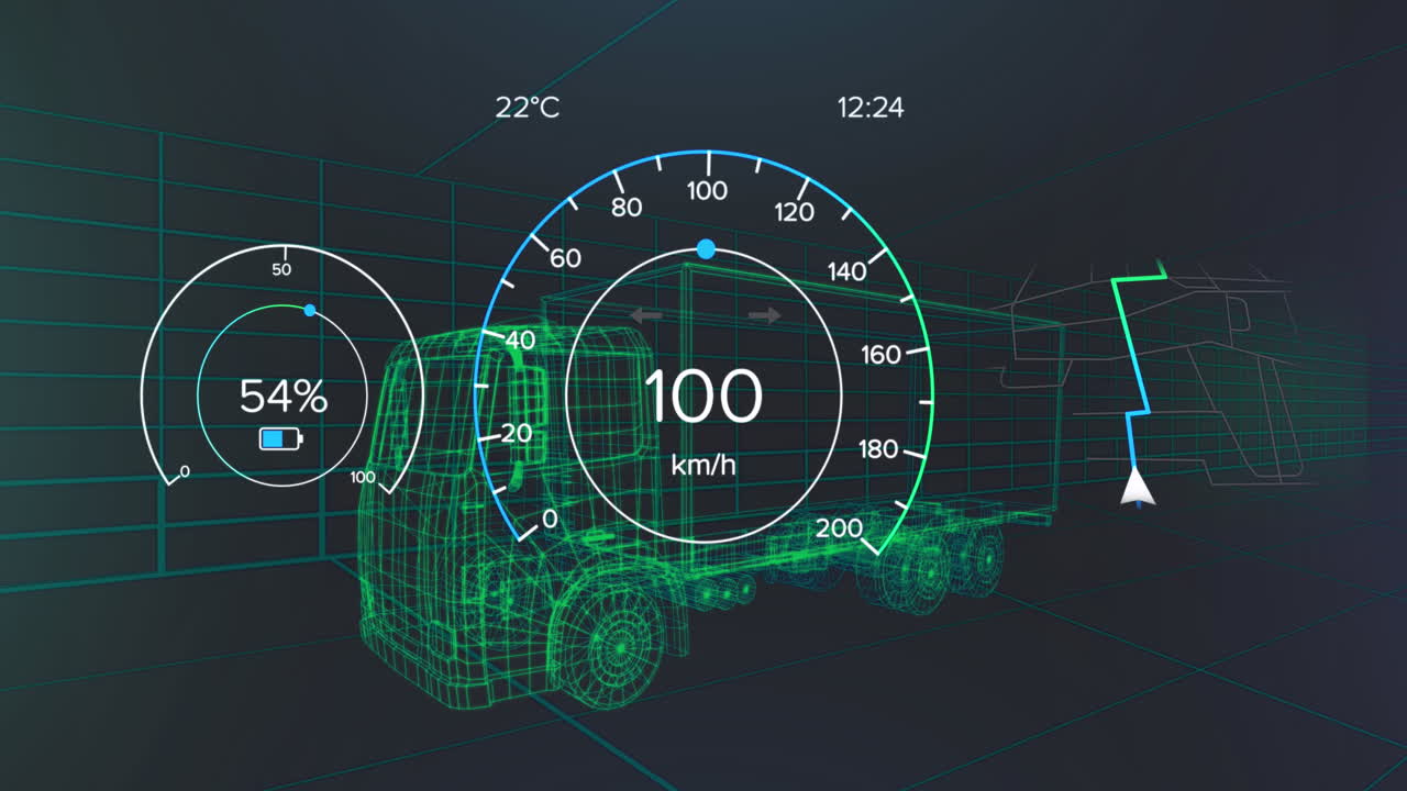 차량 인터페이스에서 스피도미터, gps 및 충전 상태 데이터의 애니메이션, 3d 트럭 모델